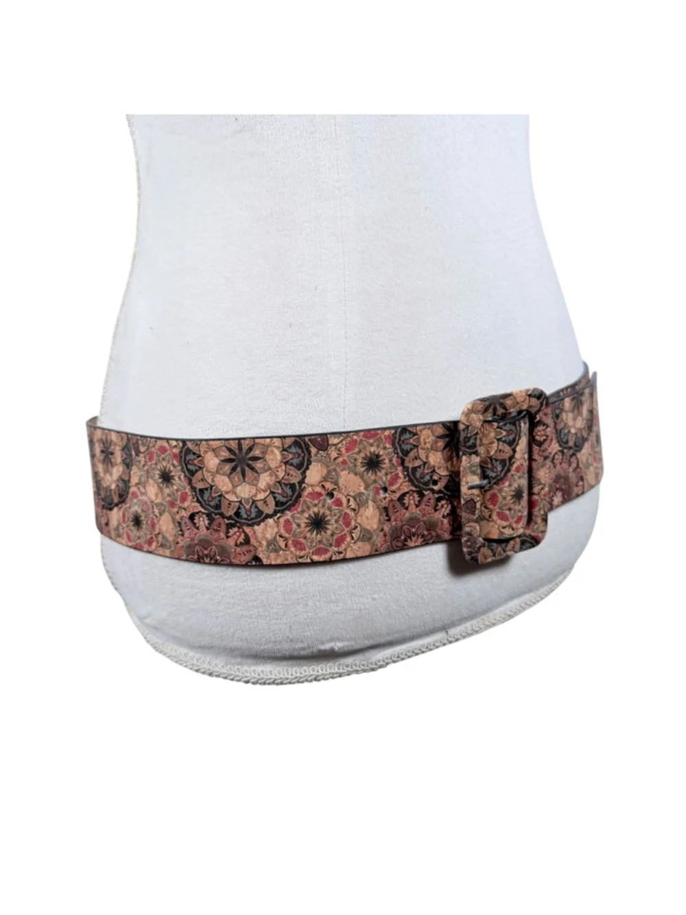 Bohemian Cork Floral Belt Womens Size L/XL Wide Vegan Leather Geo Mandala Print